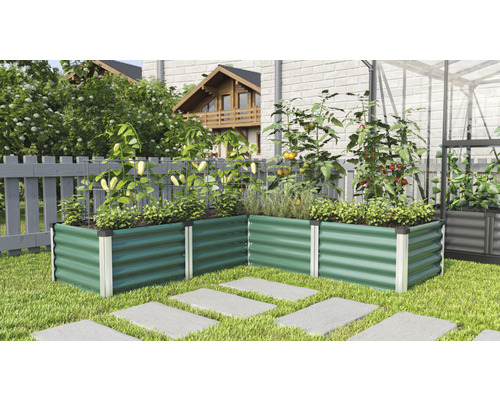 Hochbeet klassisch Vitavia Linus In&Out 401 M 185 x 185 x 40,1 cm seegras-aluminium Hochbeet aus Metall im Garten mit Pflanzen und Pflastersteinen