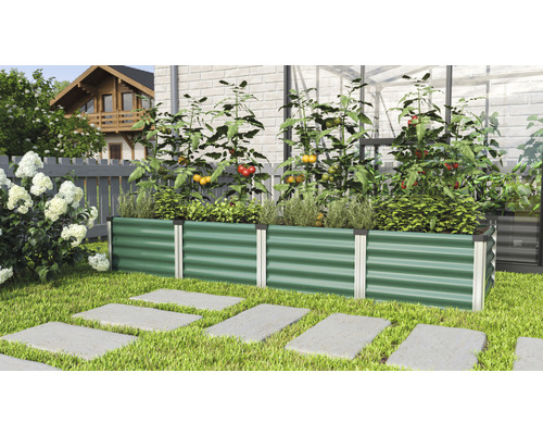Hochbeet klassisch Vitavia Linus In&Out 401 L 65 x 245 x 40,1 cm seegras-aluminium Hochbeet aus Metall mit wachsenden Tomatenpflanzen im Garten