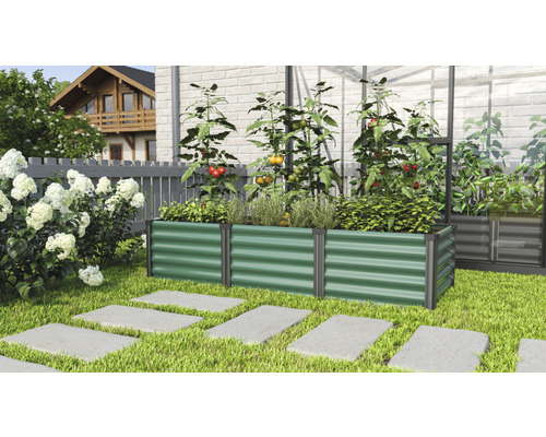 Hochbeet klassisch Vitavia Linus In&Out 401 S 65 x 185 x 40,1 cm seegras-schwarz Hochbeet aus Metall mit Tomatenpflanzen und Kräutern im Garten