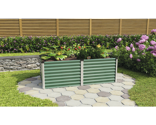 Hochbeet klassisch Vitavia Linus 630 96,2 x 187,7 x 63 cm seegras-aluminium Hochbeet aus Metall im Garten mit Pflanzen