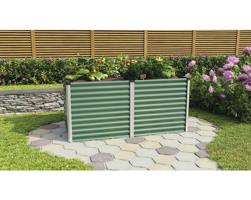 Hochbeet klassisch Vitavia Linus 858 96,2 x 187,7 x 86 cm seegras-aluminium Hochbeet aus Metall mit Pflanzen im Garten