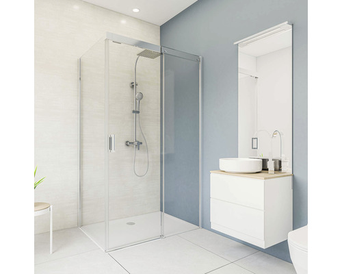 Duschrückwand Breuer Decodesign 1000x2100x3 mm Dekor Beton beige Modernes Badezimmer mit Dusche, Waschbecken und Spiegel
