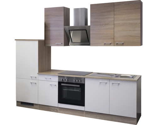 Küchenzeile mit Spüle, Herd und Dunstabzugshaube