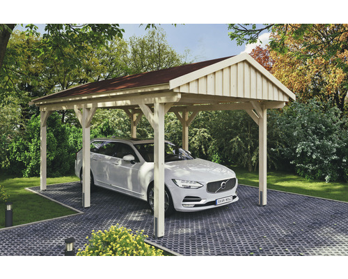 Einzelcarport SKAN Holz Fichtelberg inkl. Dachschindeln rot 317 x 566 cm natur Holzcarport mit rotem Dach und geparktem Auto