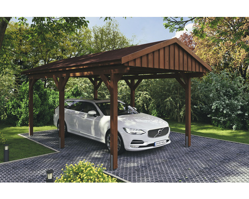 Einzelcarport SKAN Holz Fichtelberg inkl. Dachschindeln rot 317 x 566 cm Nussbaum Holzcarport mit Auto im Garten