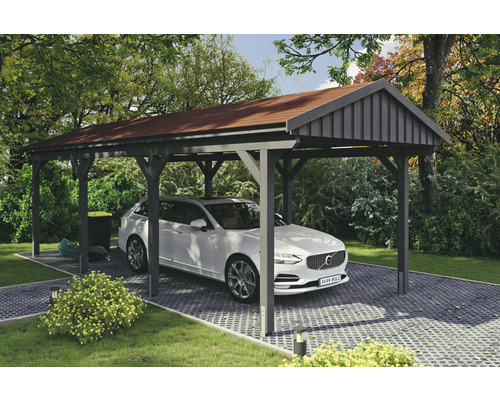 Einzelcarport SKAN Holz Fichtelberg inkl. Dachschindeln rot 317 x 808 cm Schiefer Carport mit Auto und Gartengeräten im Garten