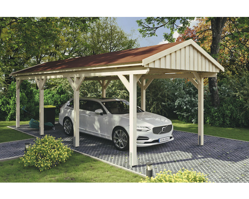 Einzelcarport SKAN Holz Fichtelberg inkl. Dachschindeln rot 317 x 808 cm natur Überdachter Carport aus Holz mit parkendem Auto auf gepflastertem Untergrund.
