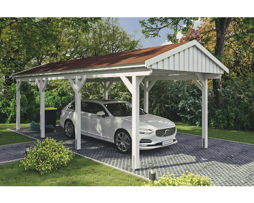 Einzelcarport SKAN Holz Fichtelberg inkl. Dachschindeln rot 317 x 808 cm weiß Weißer Carport aus Holz mit einem Auto darunter im Garten