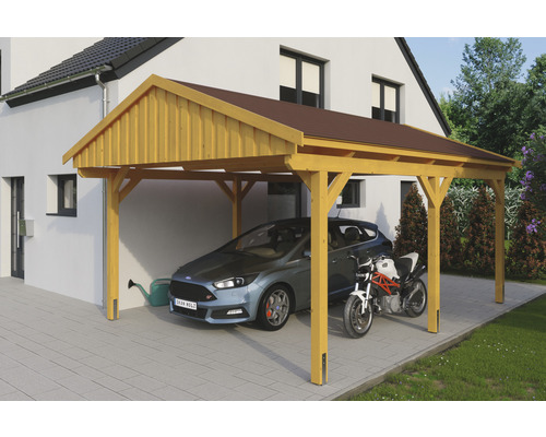 Einzelcarport SKAN Holz Fichtelberg inkl. Dachschindeln rot 423 x 566 cm Eiche hell