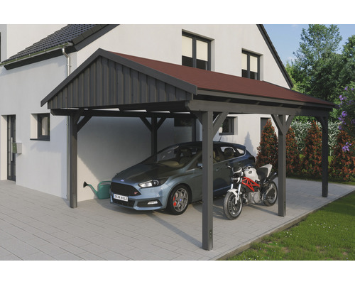 Einzelcarport SKAN Holz Fichtelberg inkl. Dachschindeln rot 423 x 566 cm Schiefer Carport aus Holz mit Auto und Motorrad