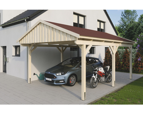 Einzelcarport SKAN Holz Fichtelberg inkl. Dachschindeln rot 423 x 566 cm natur