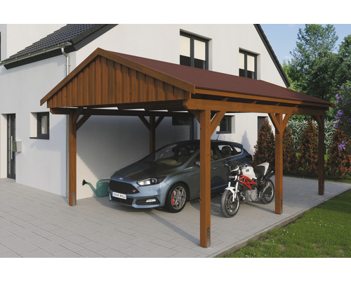 Einzelcarport SKAN Holz Fichtelberg inkl. Dachschindeln rot 423 x 566 cm Nussbaum Holzcarport mit Auto und Motorrad