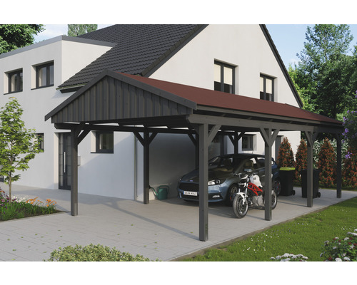 Einzelcarport SKAN Holz Fichtelberg inkl. Dachschindeln rot 423 x 808 cm Schiefer Carport aus Holz mit Auto und Motorrad vor einem Haus