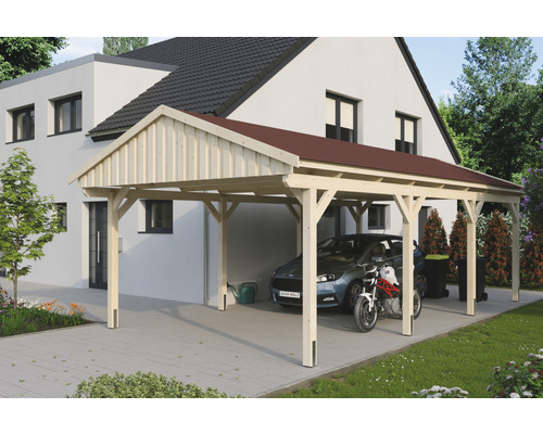 Einzelcarport SKAN Holz Fichtelberg inkl. Dachschindeln rot 423 x 808 cm natur Holz Carport mit Auto und Motorrad vor einem Haus