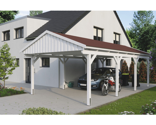 Einzelcarport SKAN Holz Fichtelberg inkl. Dachschindeln rot 423 x 808 cm weiß Carport aus Holz mit Auto und Motorrad