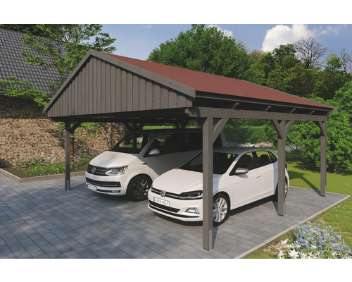 Doppelcarport SKAN Holz Fichtelberg inkl. Dachschindeln rot 618 x 566 cm Schiefer Doppelcarport aus Holz mit zwei geparkten Autos