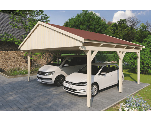 Doppelcarport SKAN Holz Fichtelberg inkl. Dachschindeln rot 618 x 566 cm natur Doppelcarport aus Holz mit zwei geparkten Autos