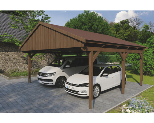 Doppelcarport SKAN Holz Fichtelberg inkl. Dachschindeln rot 618 x 566 cm Nussbaum Doppelcarport aus Holz mit zwei geparkten Autos