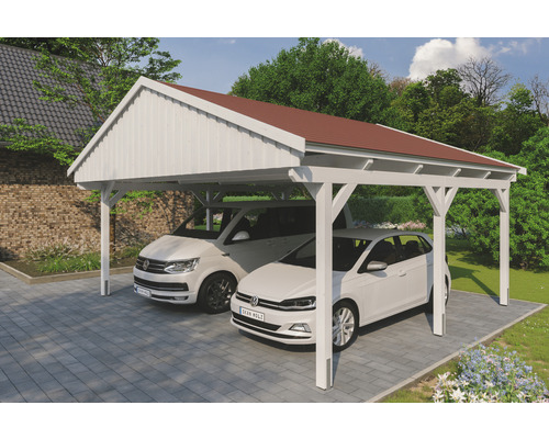 Doppelcarport SKAN Holz Fichtelberg inkl. Dachschindeln rot 618 x 566 cm weiß Doppelcarport aus Holz mit zwei parkenden Autos