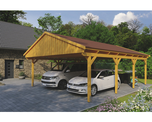 Doppelcarport SKAN Holz Fichtelberg inkl. Dachschindeln rot 618 x 808 cm Eiche hell