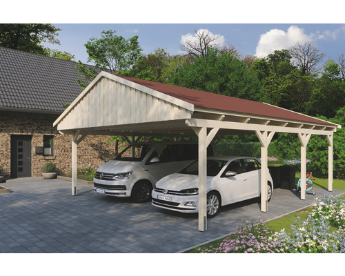 Doppelcarport SKAN Holz Fichtelberg inkl. Dachschindeln rot 618 x 808 cm natur Doppelcarport aus Holz mit zwei parkenden Autos