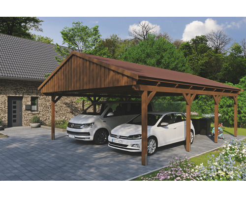 Doppelcarport SKAN Holz Fichtelberg inkl. Dachschindeln rot 618 x 808 cm Nussbaum Doppelcarport aus Holz mit zwei geparkten Autos
