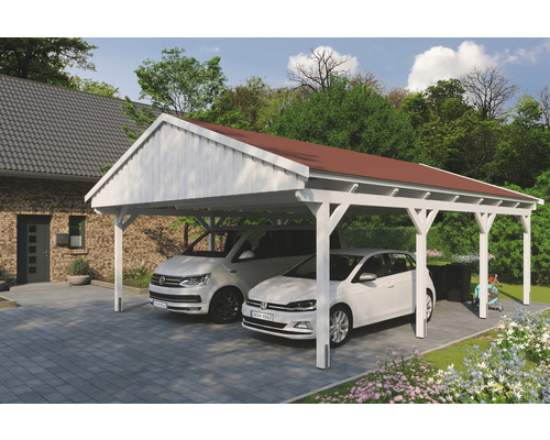 Doppelcarport SKAN Holz Fichtelberg inkl. Dachschindeln rot 618 x 808 cm weiß Doppelcarport aus Holz mit zwei Fahrzeugen