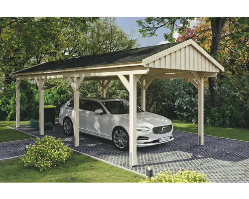 Einzelcarport SKAN Holz Fichtelberg inkl. Dachschindeln schwarz 317 x 808 cm natur Holzcarport mit geparktem Auto auf gepflasterter Fläche