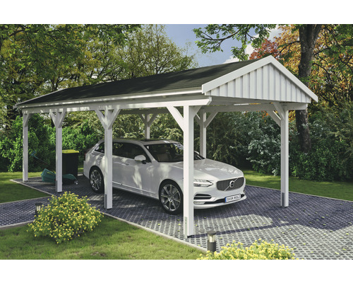 Einzelcarport SKAN Holz Fichtelberg inkl. Dachschindeln schwarz 317 x 808 cm weiß Weißer Holzcarport mit Auto auf gepflastertem Untergrund
