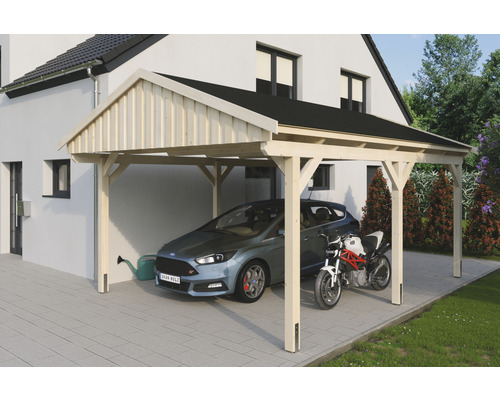 Einzelcarport SKAN Holz Fichtelberg inkl. Dachschindeln schwarz 423 x 566 cm natur Carport aus Holz mit Auto und Motorrad vor einem Haus