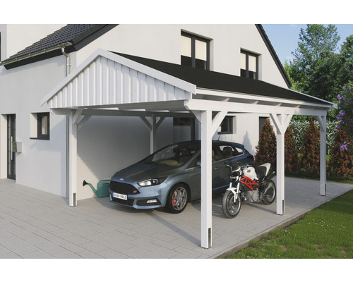Einzelcarport SKAN Holz Fichtelberg inkl. Dachschindeln schwarz 423 x 566 cm weiß Modernes Carport aus Holz mit Auto und Motorrad