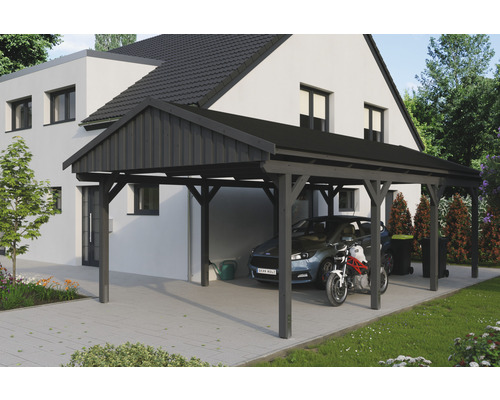 Einzelcarport SKAN Holz Fichtelberg inkl. Dachschindeln schwarz 423 x 808 cm Schiefer