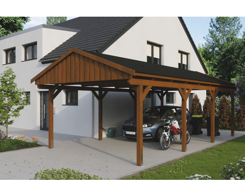 Einzelcarport SKAN Holz Fichtelberg inkl. Dachschindeln schwarz 423 x 808 cm Nussbaum