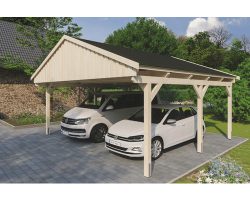 Doppelcarport SKAN Holz Fichtelberg inkl. Dachschindeln schwarz 618 x 566 cm natur Doppelcarport aus Holz mit zwei darunter geparkten Autos