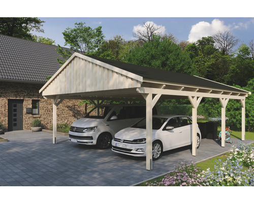 Doppelcarport SKAN Holz Fichtelberg inkl. Dachschindeln schwarz 618 x 808 cm natur Doppelcarport aus Holz mit zwei Autos