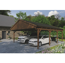 Carport aus Holz mit zwei geparkten Autos.