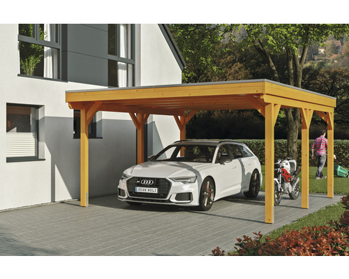 Einzelcarport SKAN Holz Grunewald inkl. EPDM Folie 427 x 554 cm Eiche hell Holz Carport mit Auto und Motorrad