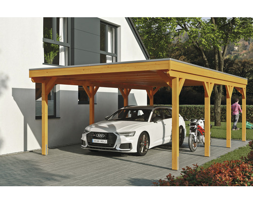 Einzelcarport SKAN Holz Grunewald inkl. EPDM Folie 427 x 796 cm Eiche hell Carport aus Holz mit Auto und Motorrad