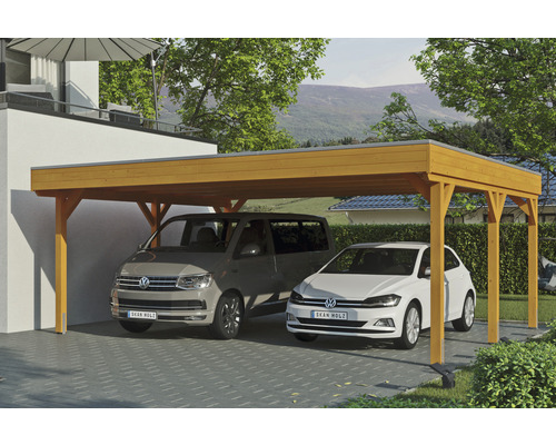 Doppelcarport SKAN Holz Grunewald inkl. EPDM Folie 622 x 554 cm Eiche hell Holzcarport mit zwei geparkten Autos