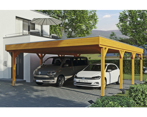 Doppelcarport SKAN Holz Grunewald inkl. EPDM Folie 622 x 796 cm Eiche hell Holz Carport mit zwei geparkten Autos