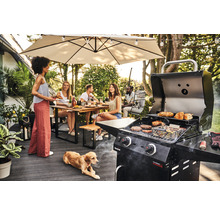 Grillszene mit Menschen, Gartentisch, Sonnenschirm und Hund