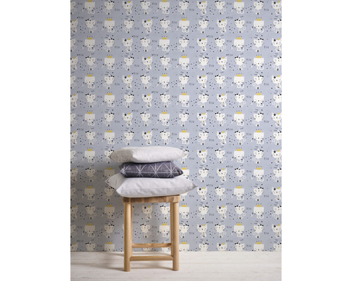 Tapete mit Katzenmotiv auf hellblauem Hintergrund