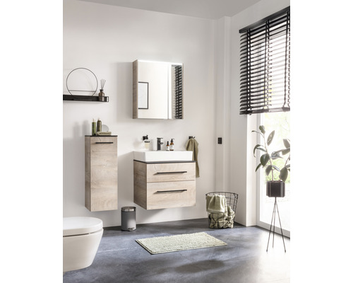 Modernes Badezimmer mit Waschtisch, Spiegelschrank, Hochschrank und Toilette.