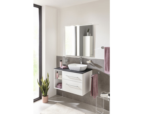 Modernes Badezimmer mit Waschtischunterschrank, Aufsatzwaschbecken und Spiegelschrank für ein stilvolles Ambiente.