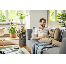 Wohnzimmer mit Mann auf Couch und Pflanzen in Pflanzgefäßen aus Filz