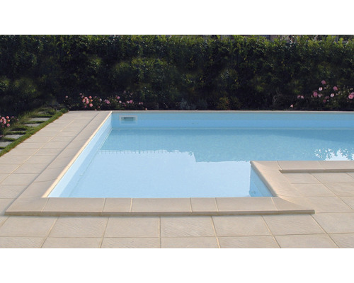 Schwimmbecken mit Steinumrandung und Garten im Hintergrund