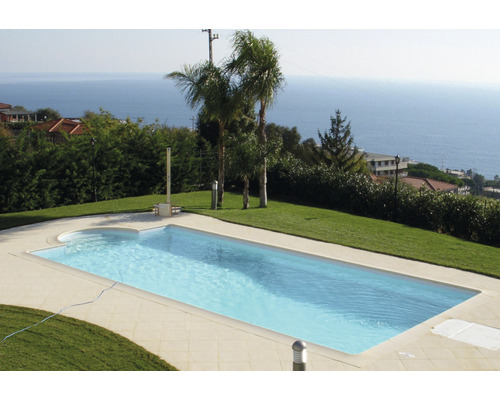 Swimmingpool mit Meerblick, umgeben von Palmen und Rasenfläche.