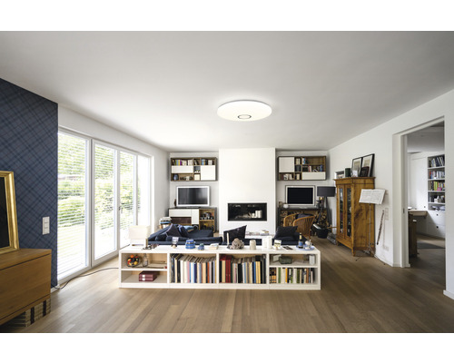 Wohnzimmer mit Bücherregal, Fernseher und Deckenleuchte