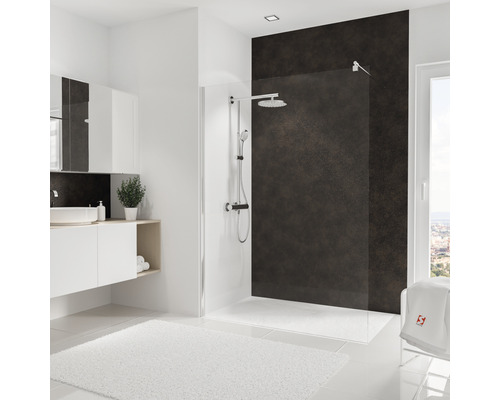 Duschrückwand Schulte Decodesign 2550x1500x3 mm Metall Rosteffekt Badezimmer mit Dusche, Waschbecken und Badezimmermöbeln in hellem Design