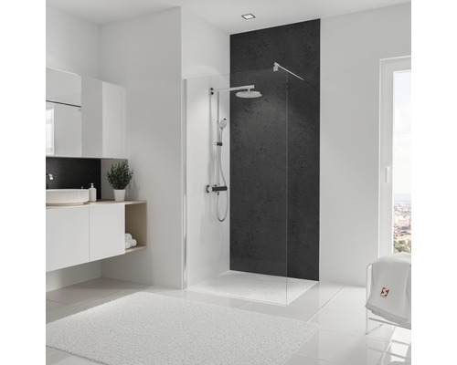 Duschrückwand Schulte Decodesign 2550x1000x3 mm Steinoptik Softtouch Badezimmer mit Dusche, Waschtisch und Spiegel